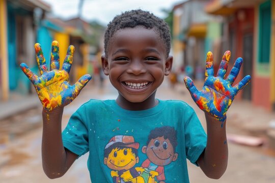 Joyful Child with Painted Hands