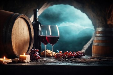 wine cellar with red wine and grapes in a rustic setting