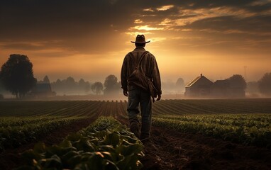 Generative AI of Farmer at Sunrise Concept for Solitary Morning Walk in Misty Fields, Rural Agriculture and Sustainable Farming, Golden Hour in Tranquil Countryside