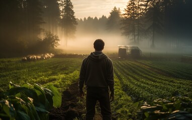 Fototapeta premium Generative AI of Young Farmer at Dawn Concept for Misty Morning in Green Fields, Sustainable Agriculture and Rural Peace, Serene Sunrise Farming Scene