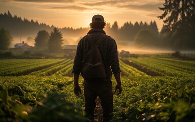Fototapeta premium Generative AI of Young Farmer at Sunrise Concept for Early Morning Mist over Farmland, Sustainable Farming in Rural Scenery, Golden Hour Agricultural Tranquility