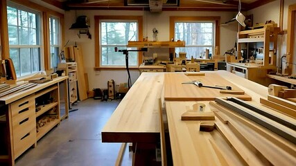 a woodworking shop with a large workbench .