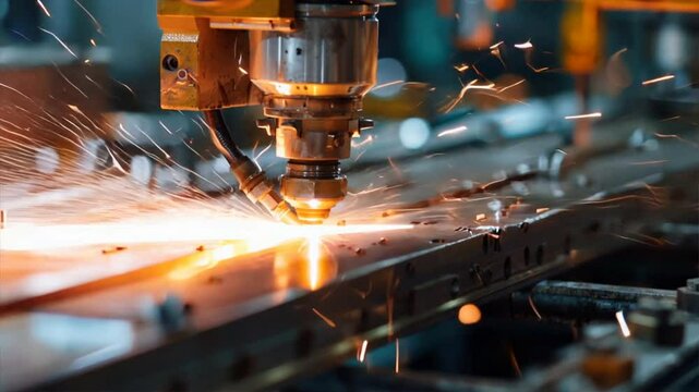 A machine is cutting a piece of metal with a laser. The red light from the laser is illuminating the area around it