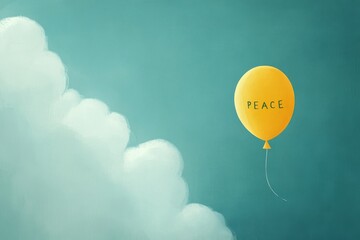 International day of peace - Peace balloon floating in a clear blue skye, written text PEACE 