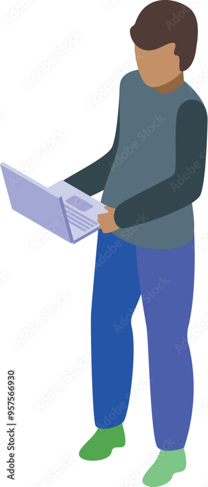 Poster young programmer is holding a laptop while coding a new project, standing up