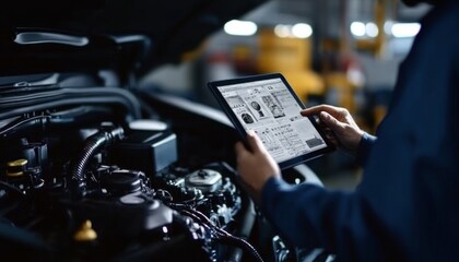 Mechanic conducts engine inspection using tablet computer for enhanced vehicle diagnostics