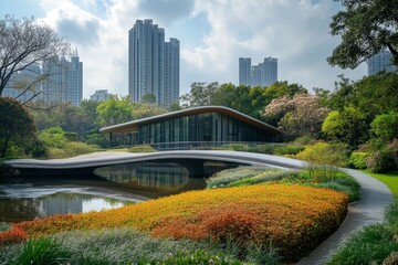 Scenic view of a stunning park surrounded by contemporary architecture and natural beauty