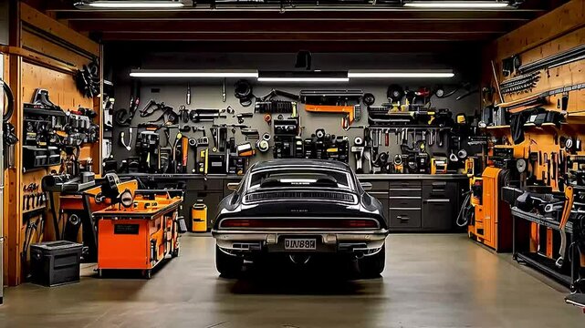  A garage with  a car  and  tools