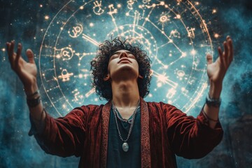 Mystical young astrologer predicting horoscopes surrounded by magical zodiac signs and divinations