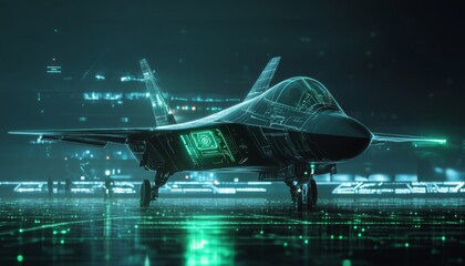 Futuristic military aircraft showcasing advanced aviation technology with digital radar interface