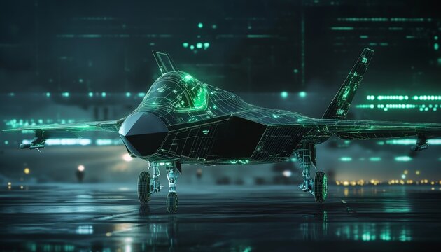 Advanced military aircraft featuring a futuristic digital radar interface in 3d render - Powered by Adobe