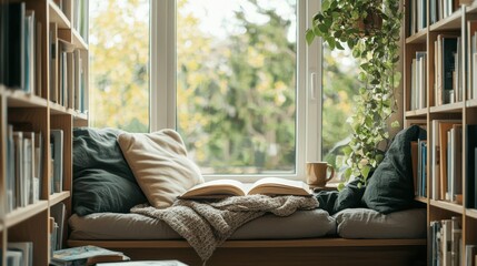 Fototapeta premium Cozy Window Seat with Books Blanket and Coffee