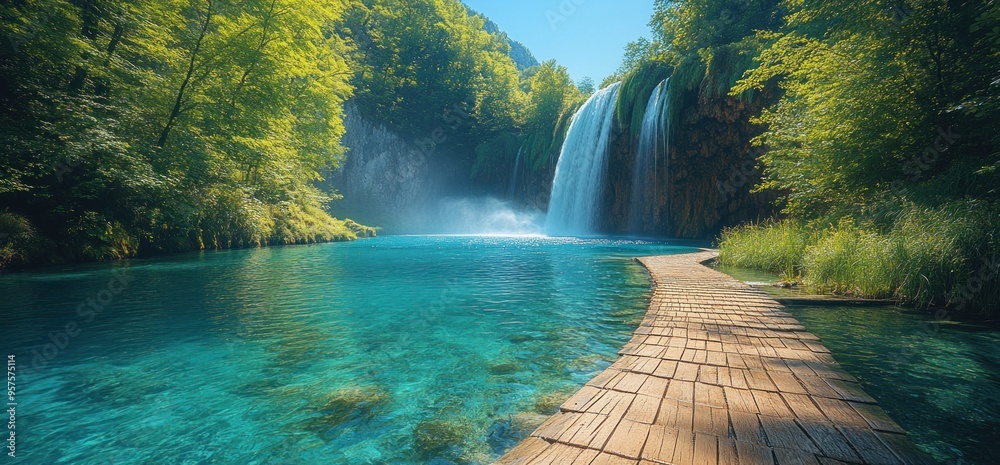 Wall mural serene waterfall and crystal clear lake