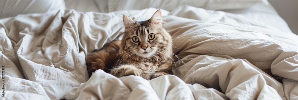 Sticker Fluffy cat perched on a bed, looking down at the camera.