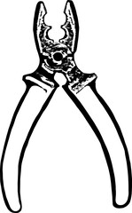 Standard pliers with insulated handles.
Compact pliers of medium size, black on a white background. Arranged vertically.