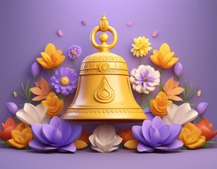 3D golden bell surrounded by colorful flowers