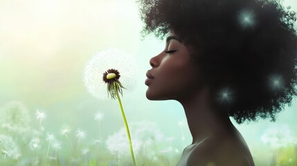 Woman Blowing Dandelion Seeds in a Field