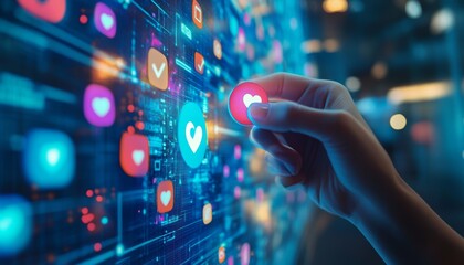 Social media engagement concept featuring like symbol against a futuristic digital backdrop
