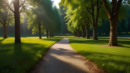 Beautiful nature of summer park. Walkway park and landscapes. Green grass, trees and sunlight. Beautiful sunny day. Generative AI