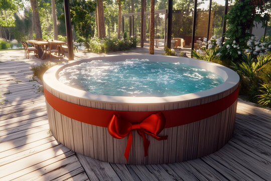 A hot tub with a bow and a ribbon for a christmas present. A round spa holiday Christmas, birthday gift in a tropical oasis, a wrapped holiday presents, hydrotherapy in a spa as a surprise.