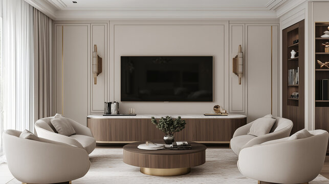 A luxurious living room space with tonal white, gold and brown. Art moderne and art deco modern themes create a bright, minimalistic designer media room interior with swivel chairs, nautical modern