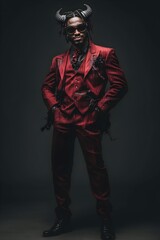 Man Wearing Elegant Devil Costume with Red and Black Embroidered Suit and Black Horns for a Sophisticated Gothic Halloween or Costume Party Look