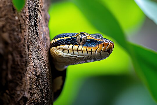Snake Python, Brown, and Jungle shown in a jungle where a brown python is almost invisible as it wraps around a tree trunk, perfectly camouflaged against the bark