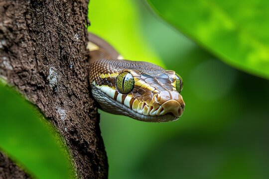 Snake Python, Brown, and Jungle shown in a jungle where a brown python is almost invisible as it wraps around a tree trunk, perfectly camouflaged against the bark