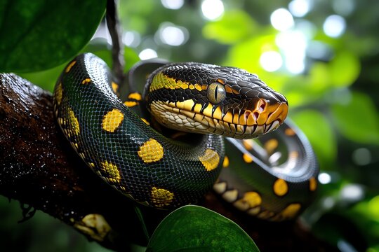 Snake Python, Coiling, and Forest visualized in a lush forest where a massive python coils around a tree branch, its scales glistening in the dappled sunlight filtering through the canopy