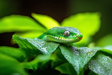 Snake Python, Green, and Camouflage visualized in a jungle where a green python blends in perfectly with the lush vegetation, its body nearly indistinguishable from the leaves