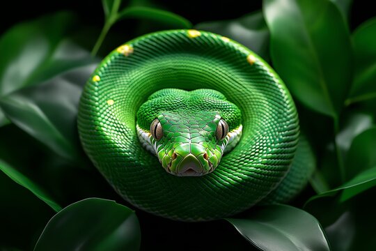 Snake Python, Green, and Camouflage visualized in a jungle where a green python blends in perfectly with the lush vegetation, its body nearly indistinguishable from the leaves