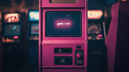 Retro Arcade Game Over Screen with Pink Cabinet and Joystick