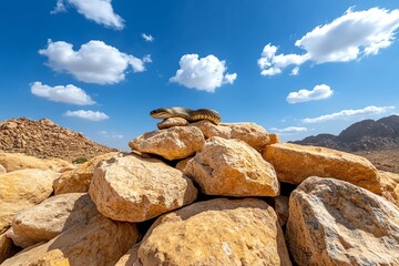 Snake Scales, Camouflage, and Rocky Terrain depicted in a rocky landscape where a snake&acirc;&euro;&trade;s scales blend perfectly with the stones, making it nearly invisible