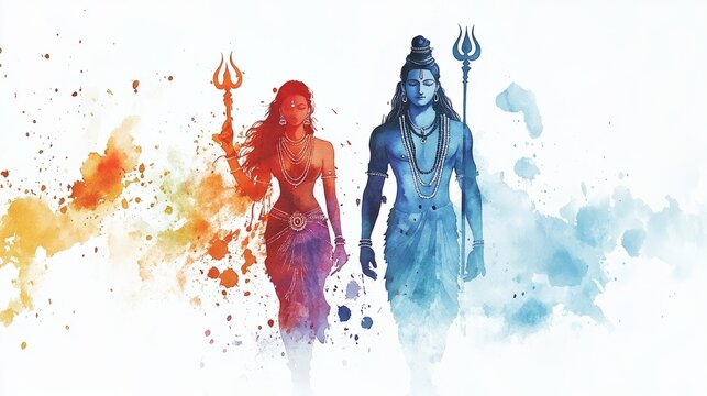 Parvati & Shiva Watercolor Painting - Divine Couple Art Print