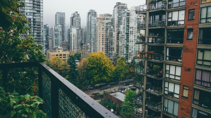 Obraz premium Cityscape View From Apartment Balcony With Green Trees