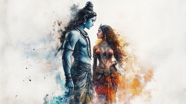 Parvati & Shiva Watercolor Painting - Hindu Goddess & God Art Print