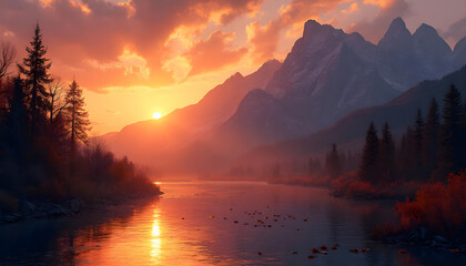 Fototapeta premium Golden Hour Over Majestic Mountains and River