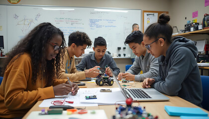 Diverse group of students working on robotics project in classroom