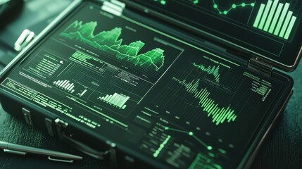 Green Digital Dashboard with Data Visualization and Graphs on a Laptop Screen