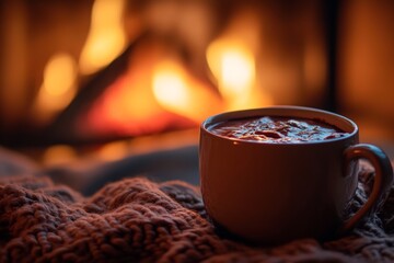 Cozy winter still life featuring hot chocolate by a glowing fireplace with shallow depth of field