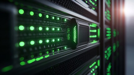 Close up of server rack with glowing green leds and security button for cybersecurity concept