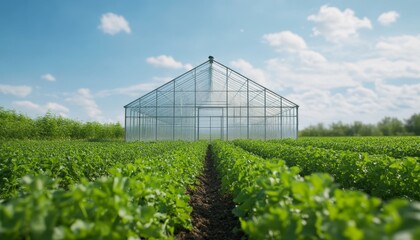 Contemporary greenhouse surrounded by expansive field with lush vegetation inside and out