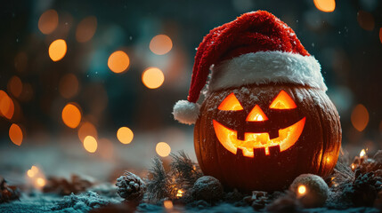 Naklejka premium Jack-o-lantern in Santa Claus hat on dark blurred background with lights, Halloween, Christmas, symbol, holiday, celebration, November, December, card, pumpkin, lantern, scary face, New Year, October