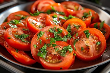 Tomato Salads, Sauces, and Roasting shown in a kitchen where fresh tomatoes are being transformed into various dishes, from a light salad to a hearty roasted tomato sauce