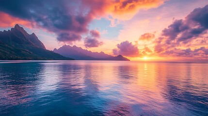 A breathtaking sunset over calm ocean waters, with vibrant skies and dramatic mountain silhouettes in the distance, creating a serene tropical scene.