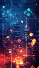 Obraz premium Abstract technology background with geometric shapes and blurred cityscape for digital innovation
