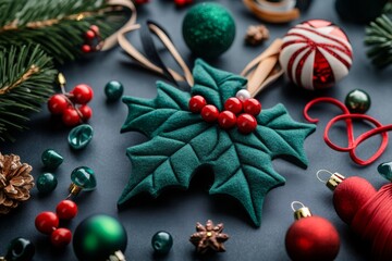 Holly and ivy ornament crafting with DIY materials, captured in a photo where a crafting table is filled with materials like felt, beads, and ribbon, ready to be turned into handmade holly and