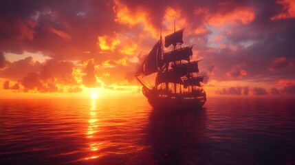Obraz premium Pirate ship sailing through a calm ocean under a vibrant sunset sky image