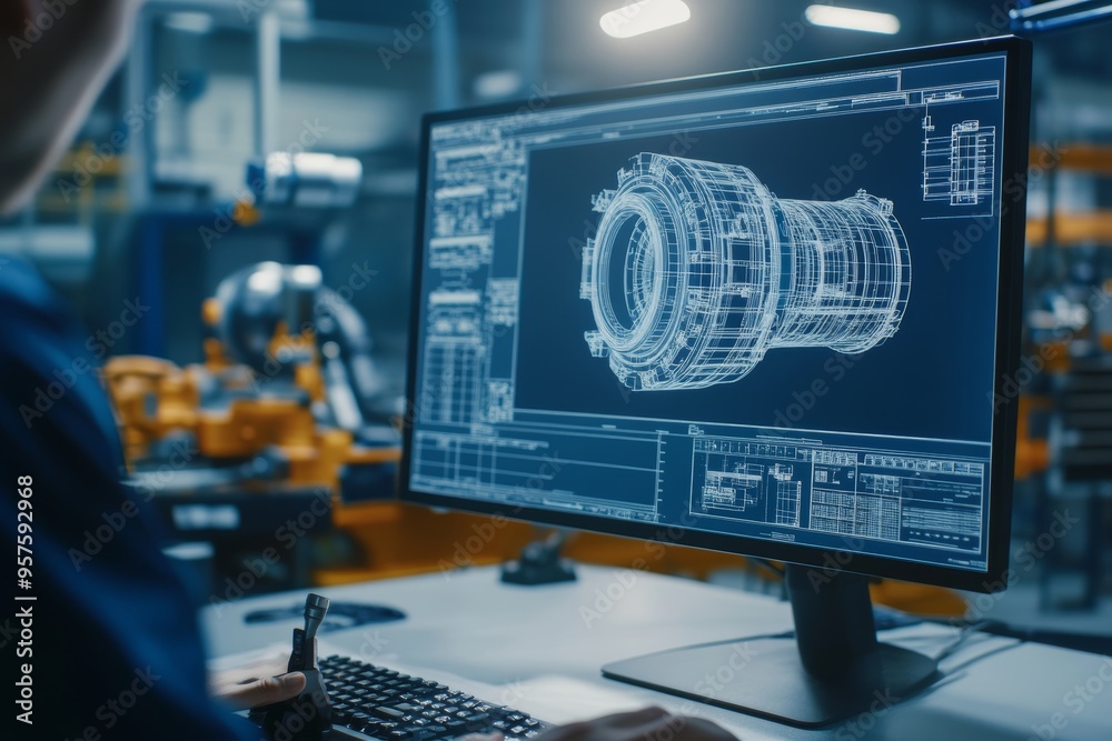 Poster close up of computer screen showcasing engineering software and blueprints for mechanical design