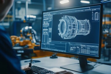 Close up of computer screen showcasing engineering software and blueprints for mechanical design